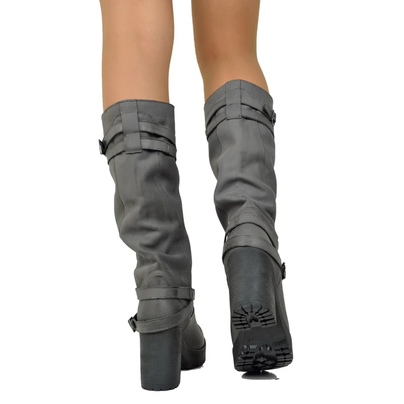 Stivali Platform Donna in Nabuk Grigio con Cavigliera Made in Italy