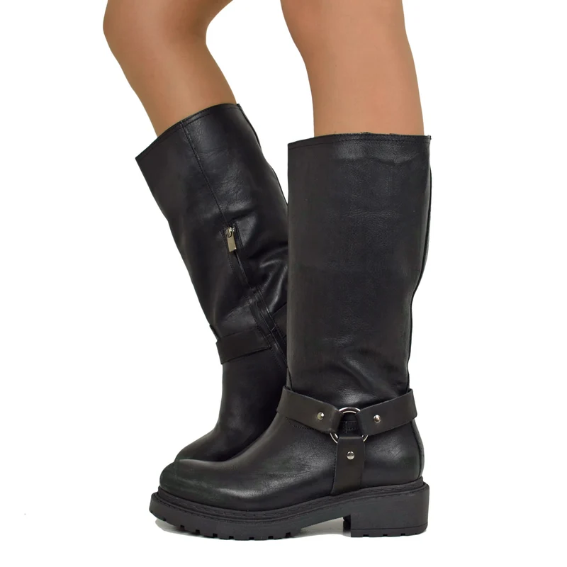 Stivali Biker Police Donna in Pelle Neri Effetto Used Graffiato Made in Italy