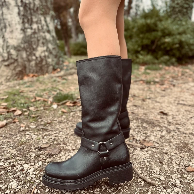 Stivali Biker Police Donna in Pelle Neri Effetto Used Graffiato Made in Italy