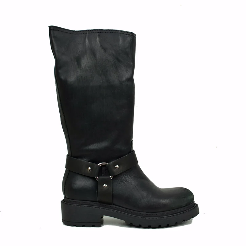 Stivali Biker Police Donna in Pelle Neri Effetto Used Graffiato Made in Italy
