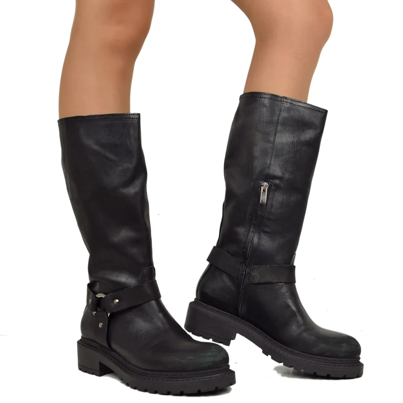 Stivali Biker Police Donna in Pelle Neri Effetto Used Graffiato Made in Italy