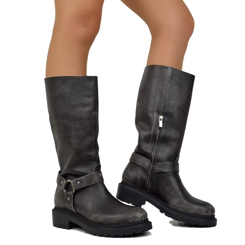 Stivali Biker Police Donna in Pelle Antracite Effetto Used Graffiato Made in Italy