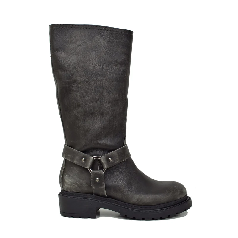 Stivali Biker Police Donna in Pelle Antracite Effetto Used Graffiato Made in Italy