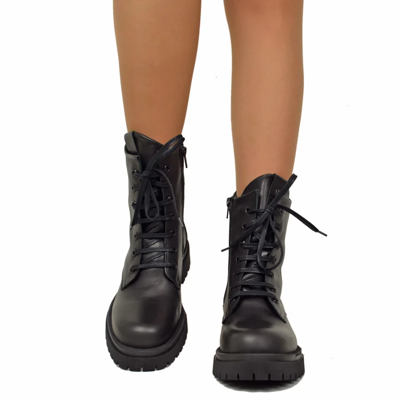 Biker Anfibi Stringati Total Black Vera Pelle Stivali con Lacci