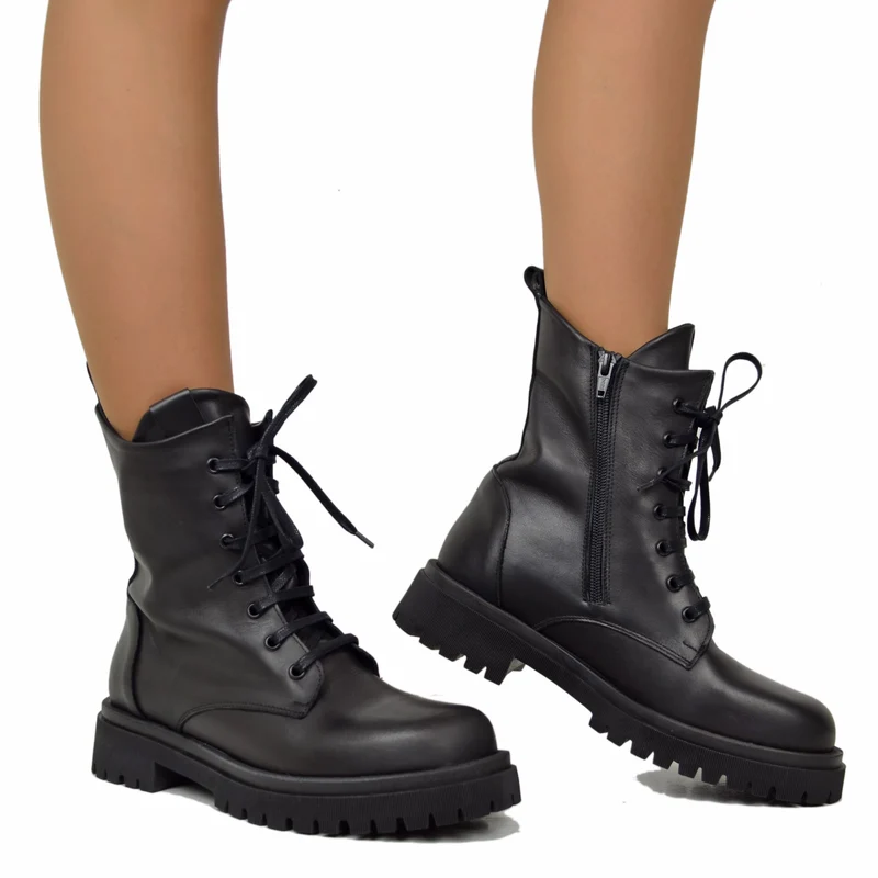 Biker Anfibi Stringati Total Black Vera Pelle Stivali con Lacci
