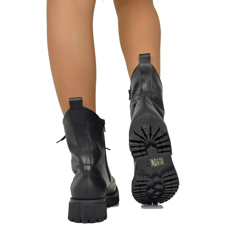 Biker Anfibi Stringati Total Black Vera Pelle Stivali con Lacci