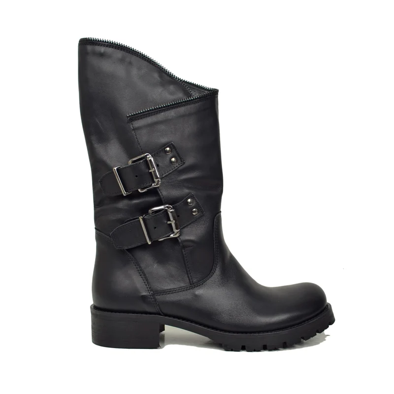 Stivali Biker con Polpaccio Ampio e Regolabile con Zip Vera Pelle Neri