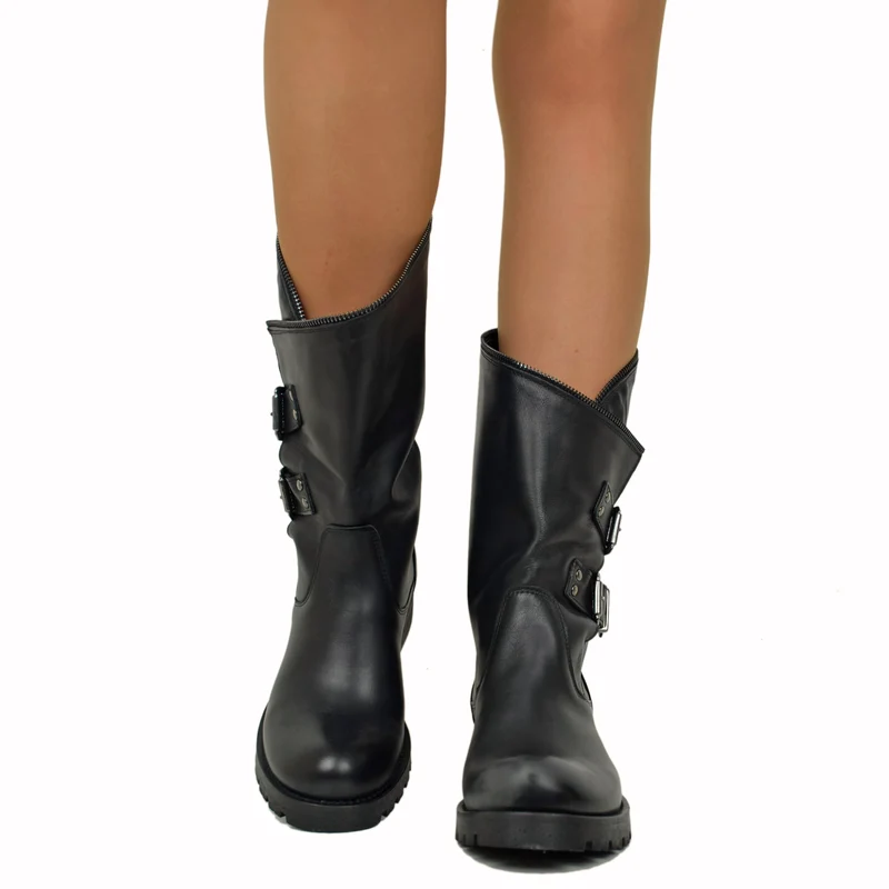 Stivali Biker con Polpaccio Ampio e Regolabile con Zip Vera Pelle Neri