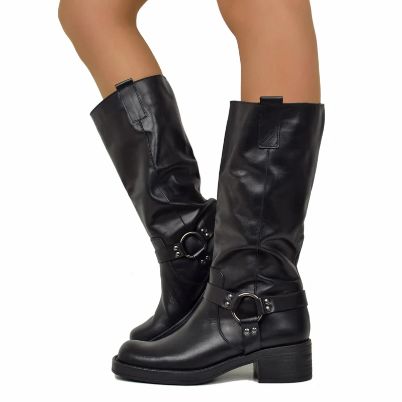 Stivali Donna Biker in Pelle Neri Punta Squadrata con Fibbia
