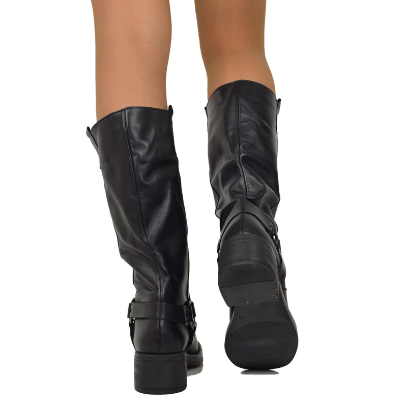 Stivali Donna Biker in Pelle Neri Punta Squadrata con Fibbia