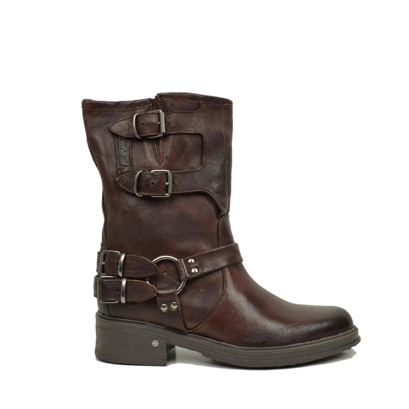Biker Police Basso 4 Fibbie Punta Stondata Total Brown Fondo Gomma