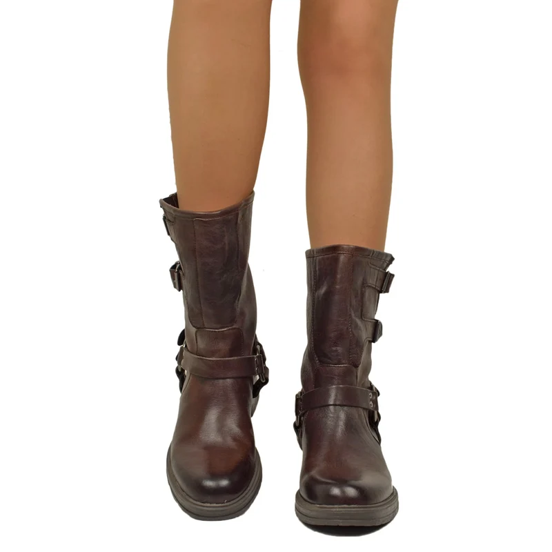 Biker Police Basso 4 Fibbie Punta Stondata Total Brown Fondo Gomma