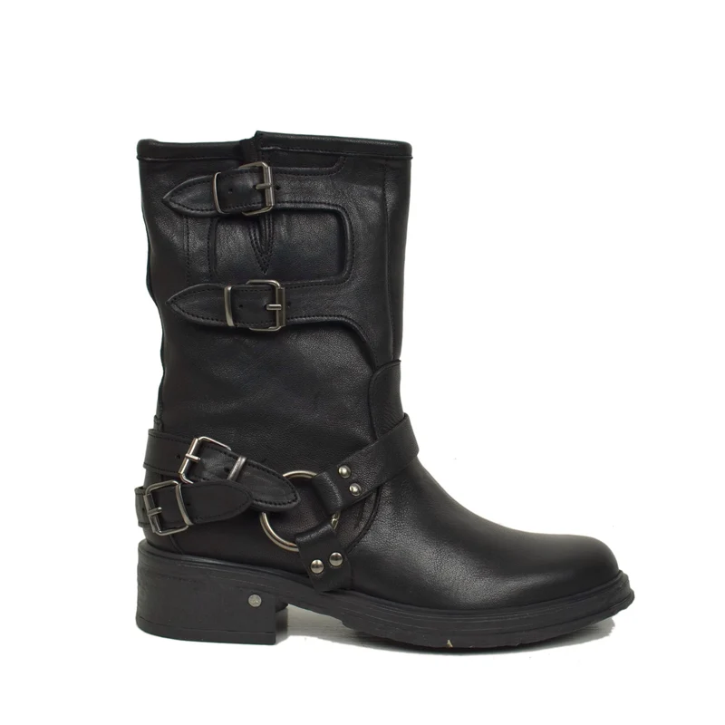Biker Police Basso 4 Fibbie Punta Stondata Total Black Fondo Gomma