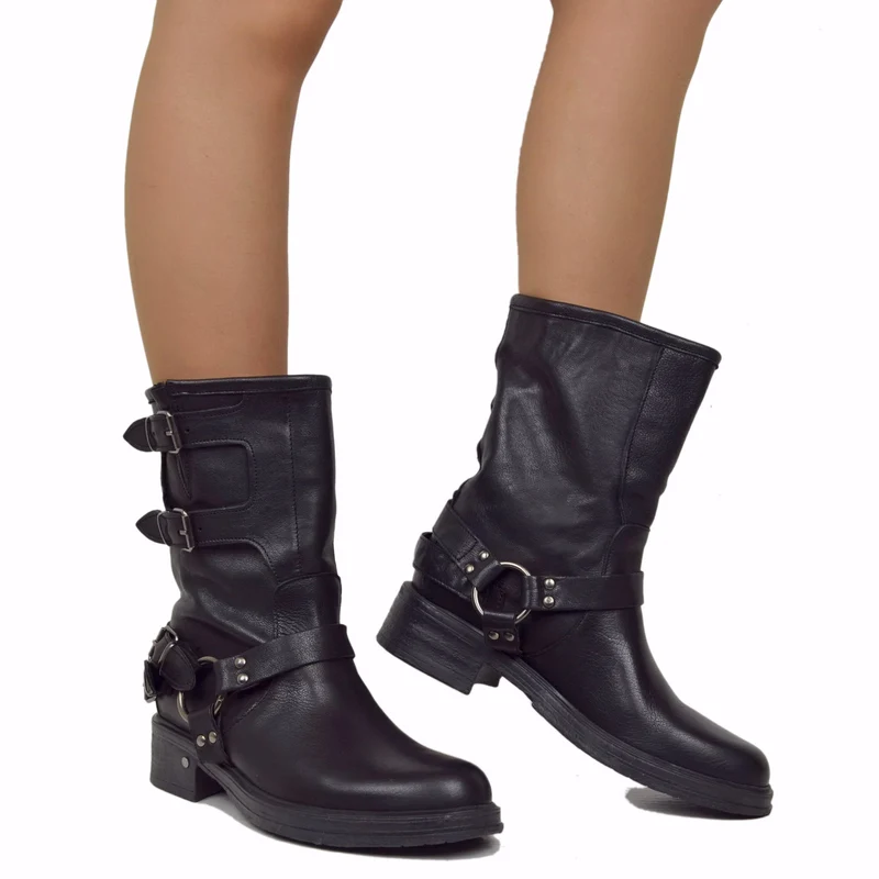 Biker Police Basso 4 Fibbie Punta Stondata Total Black Fondo Gomma