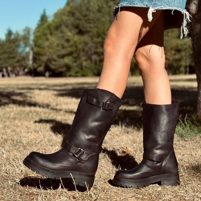 Stivali Donna Biker Neri con Fibbie Regolabili Made in Italy