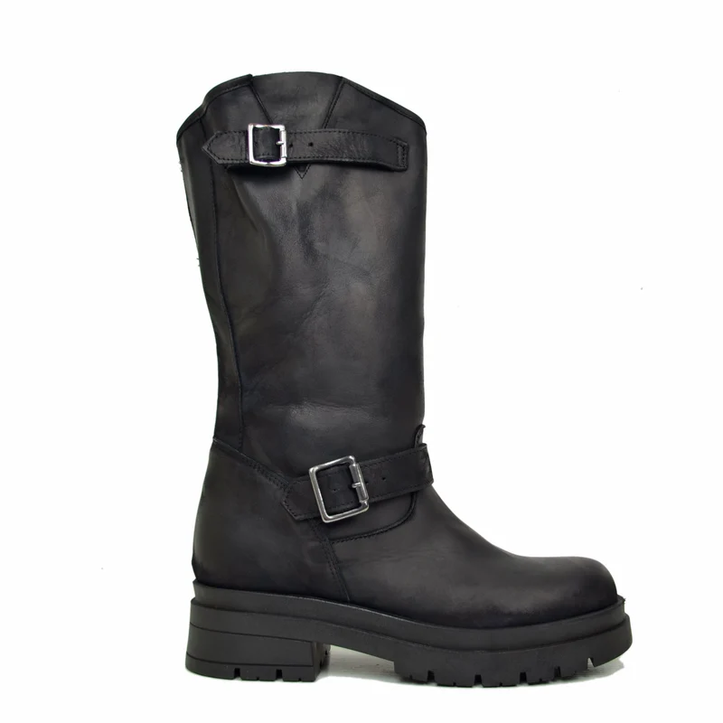 Stivali Donna Biker Neri con Fibbie Regolabili Made in Italy
