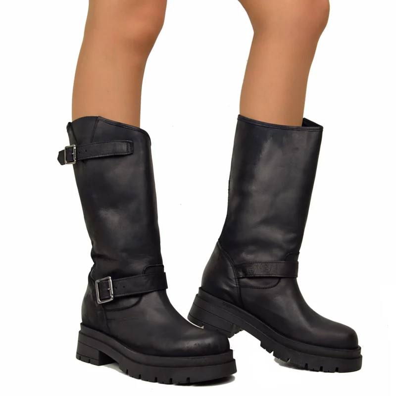 Stivali Donna Biker Neri con Fibbie Regolabili Made in Italy
