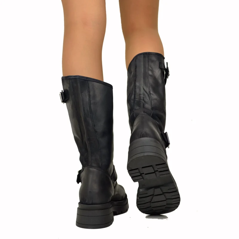Stivali Donna Biker Neri con Fibbie Regolabili Made in Italy