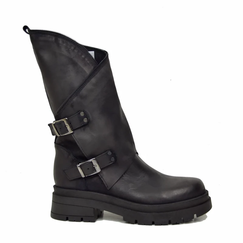Stivali Donna Biker Neri con Fibbie e Zip Laterale Made in Italy