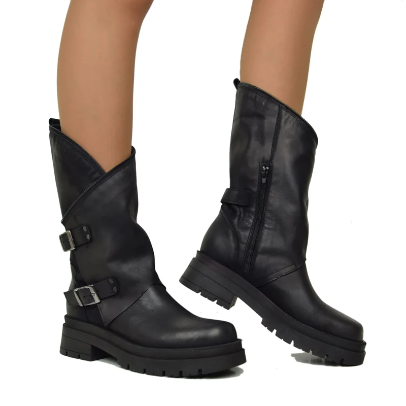 Stivali Donna Biker Neri con Fibbie e Zip Laterale Made in Italy