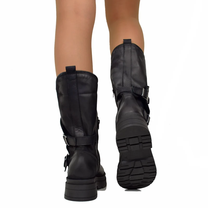 Stivali Donna Biker Neri con Fibbie e Zip Laterale Made in Italy