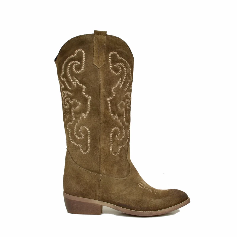 Stivali Texani in Camoscio Trapuntati Tacco 4 cm Taupe