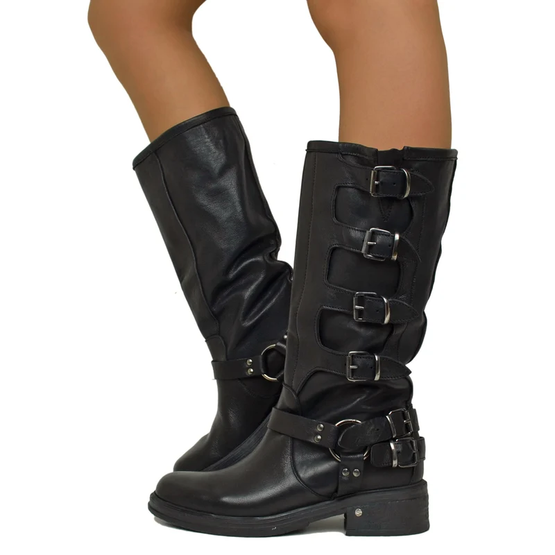 Stivali Biker 5 Fibbie Neri con Punta Stondata in Pelle