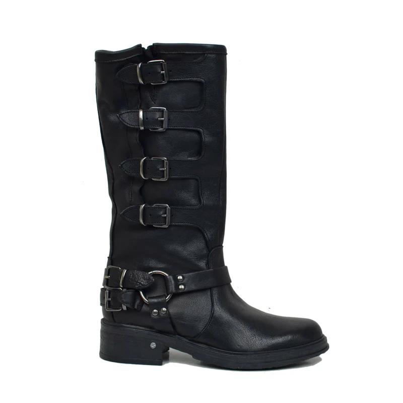 Stivali Biker 5 Fibbie Neri con Punta Stondata in Pelle