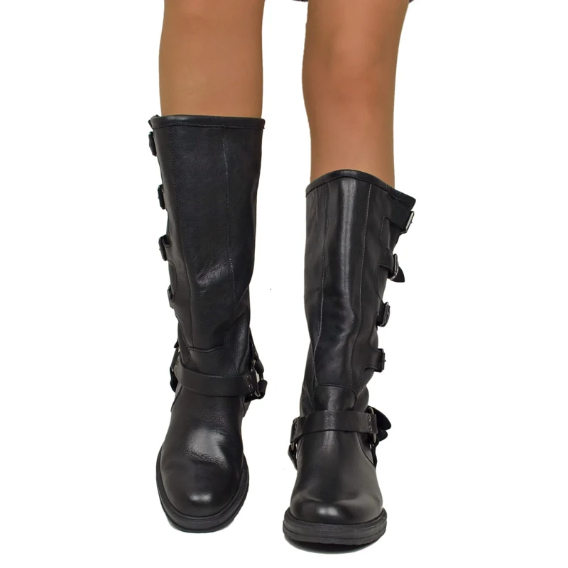 Stivali Biker 5 Fibbie Neri con Punta Stondata in Pelle