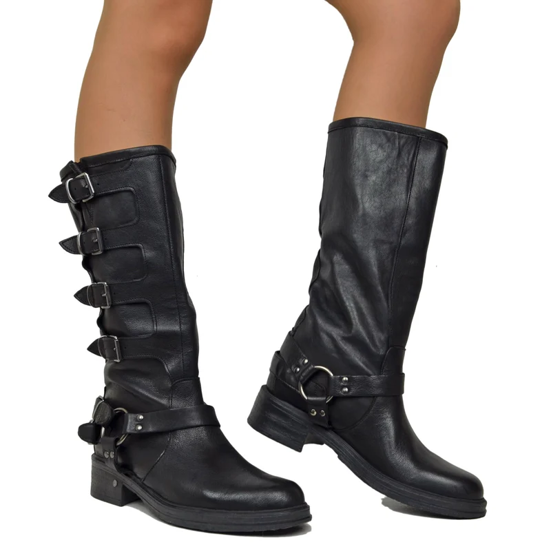 Stivali Biker 5 Fibbie Neri con Punta Stondata in Pelle