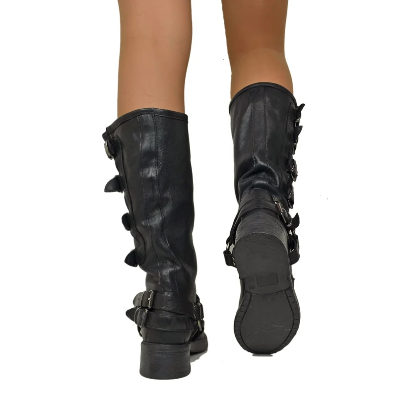 Stivali Biker 5 Fibbie Neri con Punta Stondata in Pelle