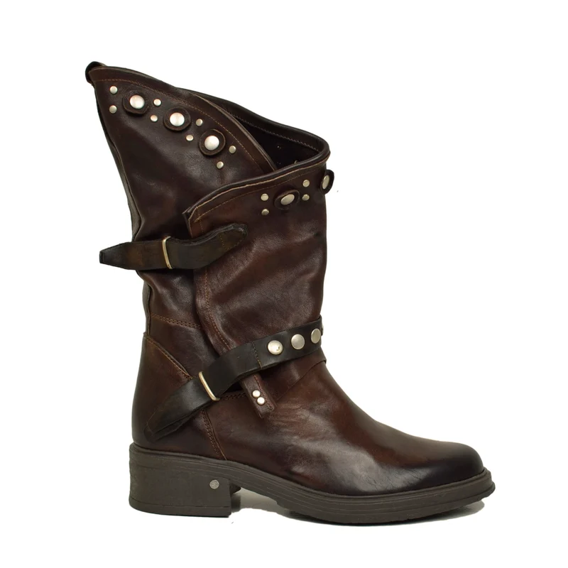 Stivali Donna Biker Testa di Moro Pelle Vintage con Borchie e Zip Made in Italy