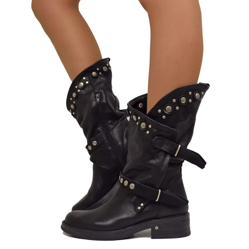 Stivali Donna Biker Neri in Pelle con Borchie e Zip Made in Italy