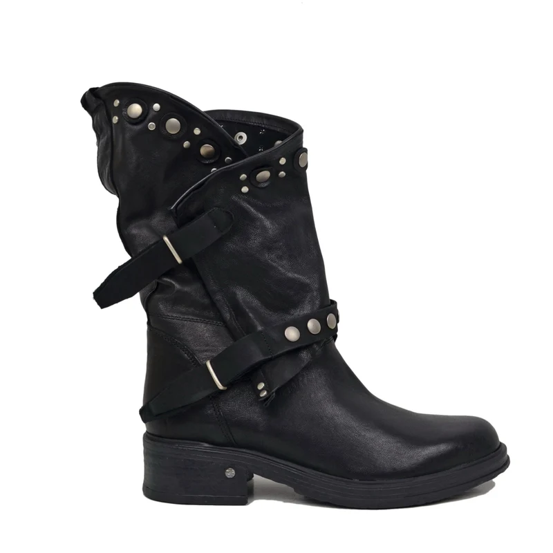 Stivali Donna Biker Neri in Pelle con Borchie e Zip Made in Italy