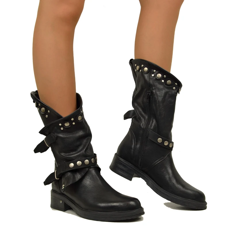 Stivali Donna Biker Neri in Pelle con Borchie e Zip Made in Italy