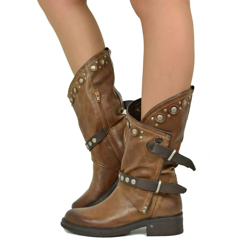Stivali Donna Biker Marroni Pelle con Borchie e Zip Made in Italy
