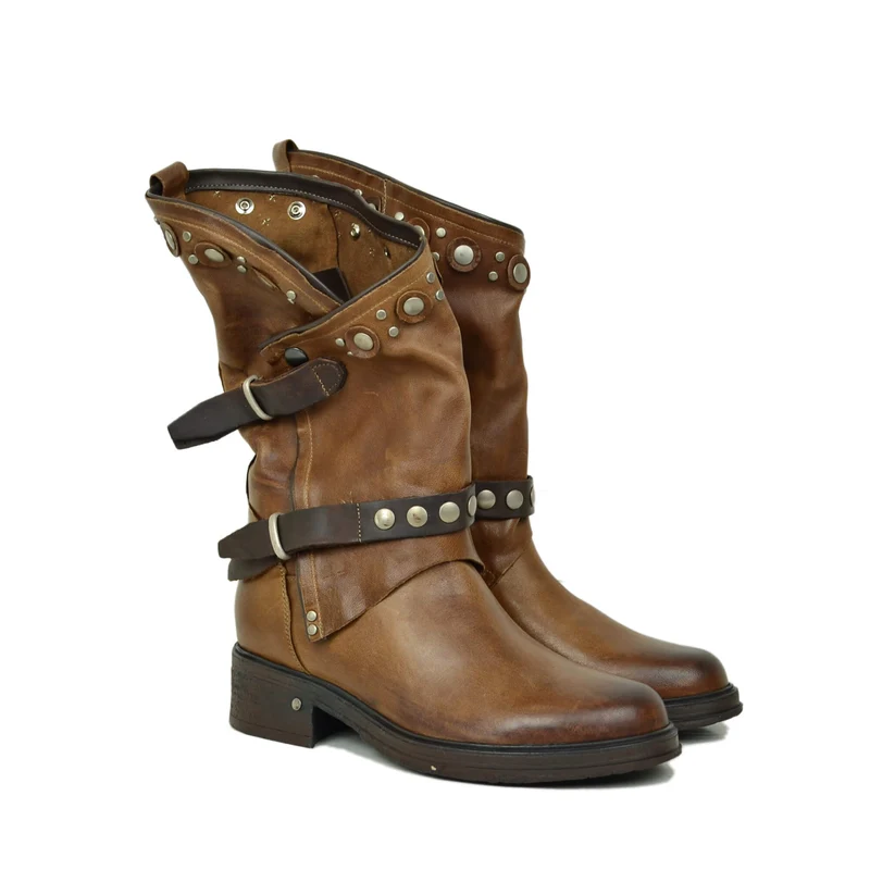 Stivali Donna Biker Marroni Pelle con Borchie e Zip Made in Italy