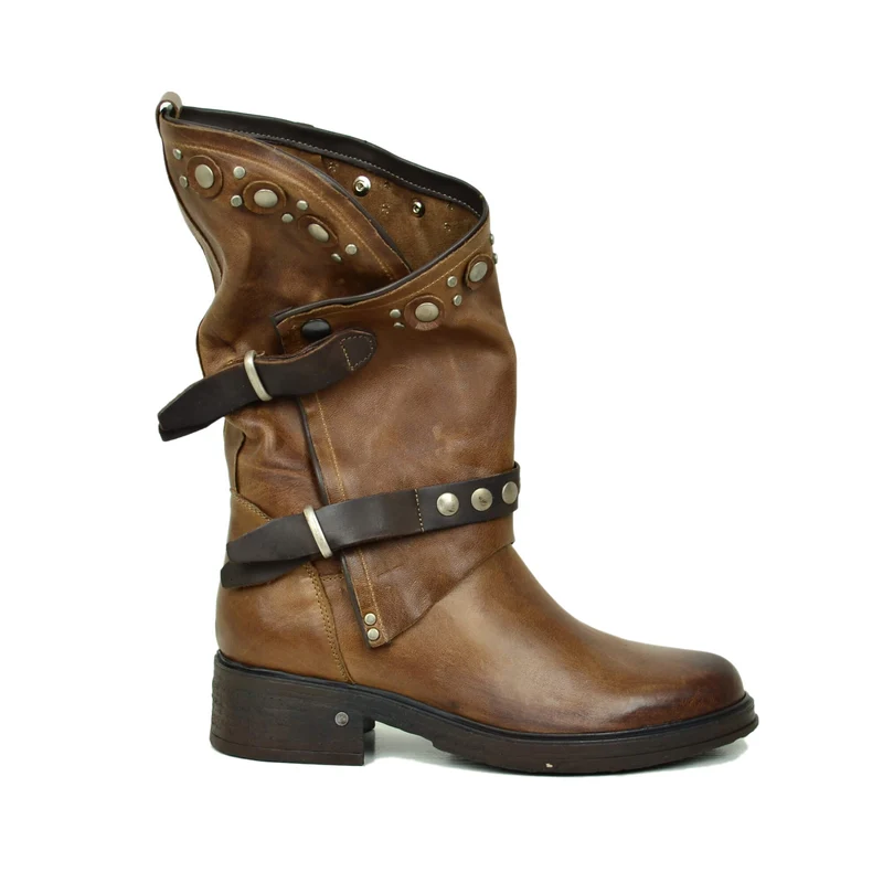 Stivali Donna Biker Marroni Pelle con Borchie e Zip Made in Italy