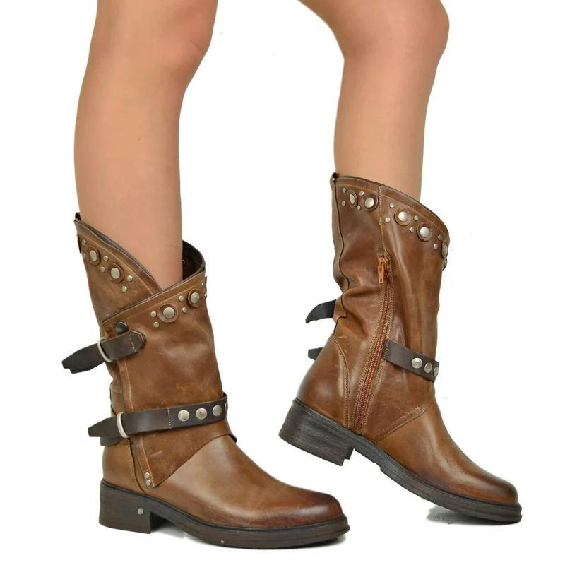 Stivali Donna Biker Marroni Pelle con Borchie e Zip Made in Italy