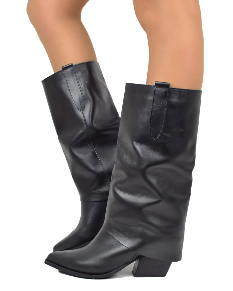Texani con Ghetta Tacco Medio Vera Pelle Artigianali Black