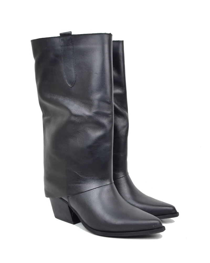 Texani con Ghetta Tacco Medio Vera Pelle Artigianali Black