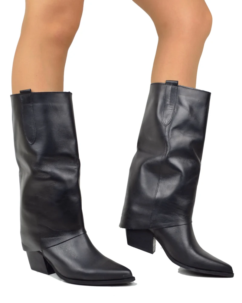 Texani con Ghetta Tacco Medio Vera Pelle Artigianali Black