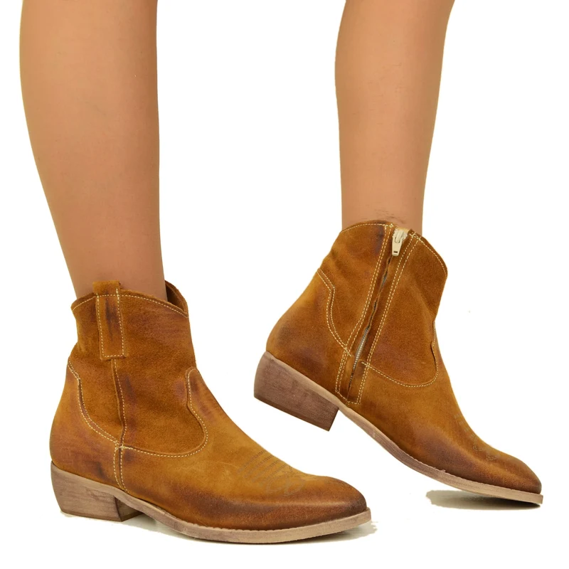 Stivaletti Donna Texani in Pelle Scamosciata Cuoio Made in Italy