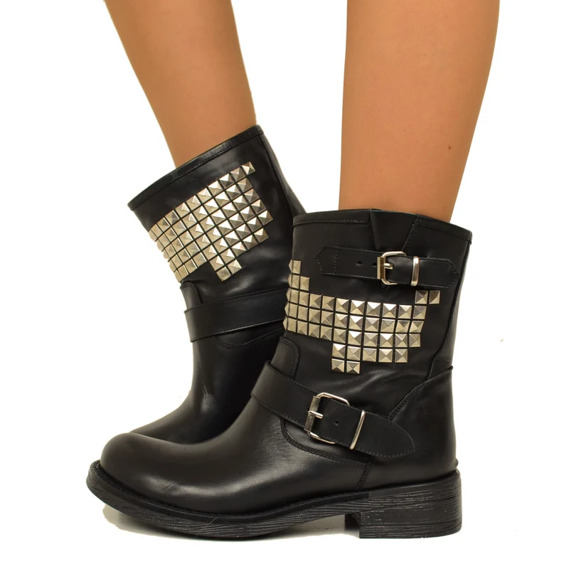 Biker Boots Donna con Borchie in Vera Pelle Nera Made in Italy