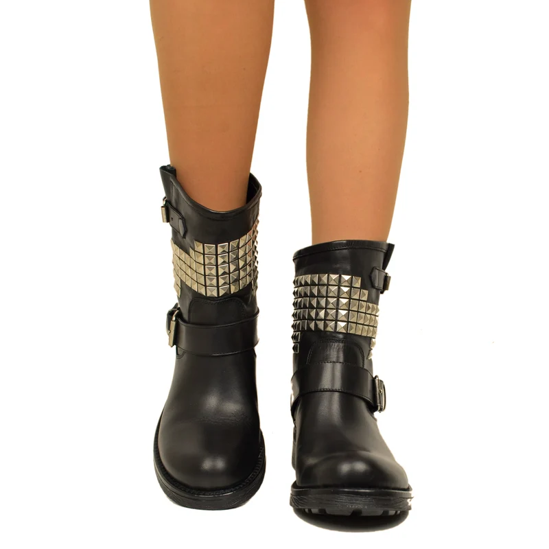 Biker Boots Donna con Borchie in Vera Pelle Nera Made in Italy