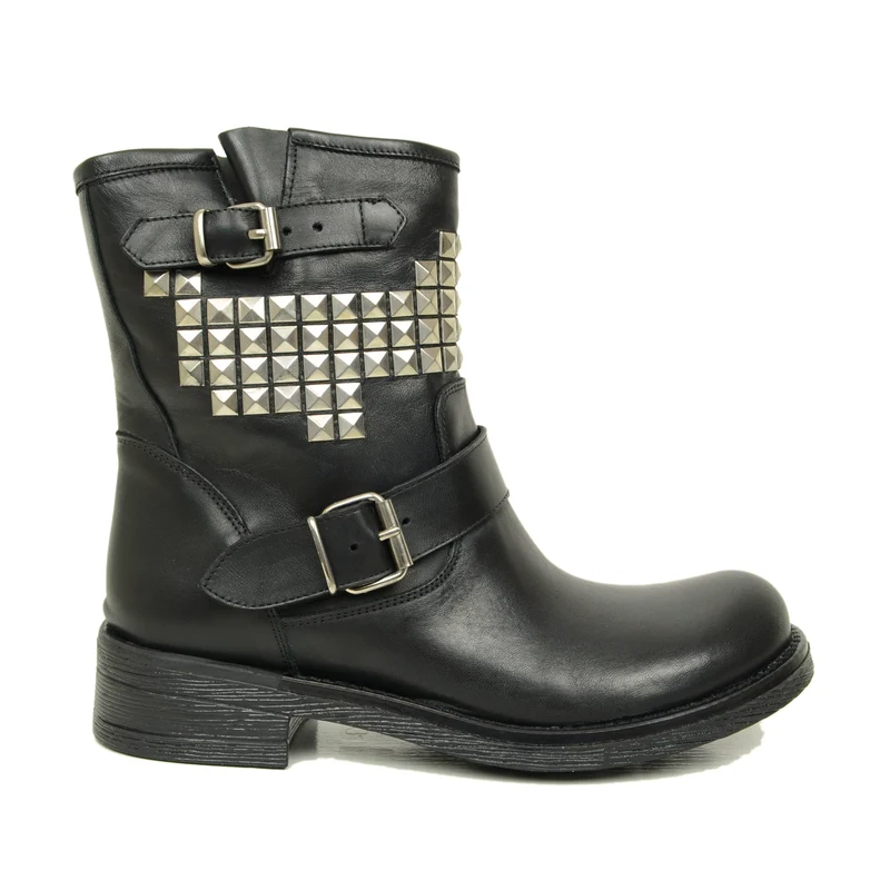 Biker Boots Donna con Borchie in Vera Pelle Nera Made in Italy