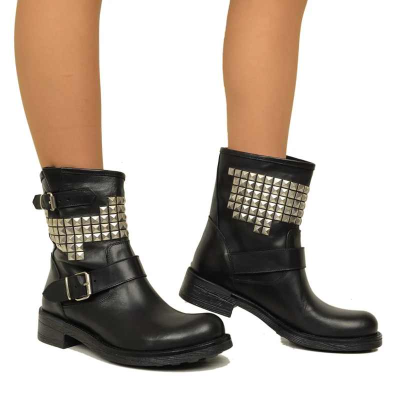 Biker Boots Donna con Borchie in Vera Pelle Nera Made in Italy