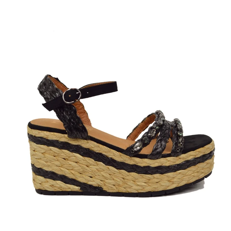 Zeppe Donna Nere in Rafia con Fondo in Platform e Corda Intrecciata