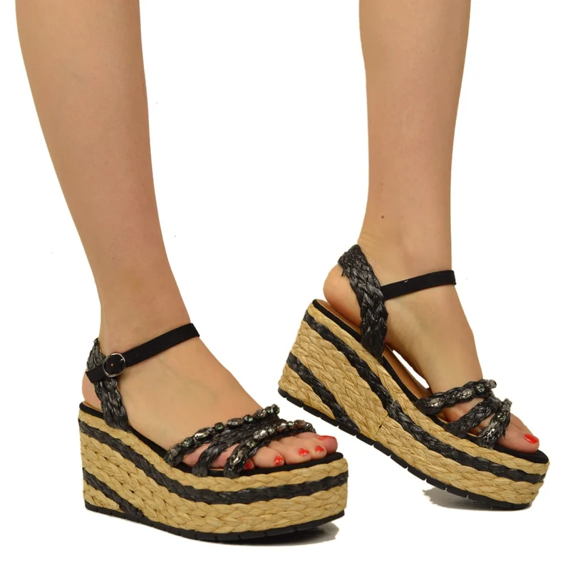 Zeppe Donna Nere in Rafia con Fondo in Platform e Corda Intrecciata
