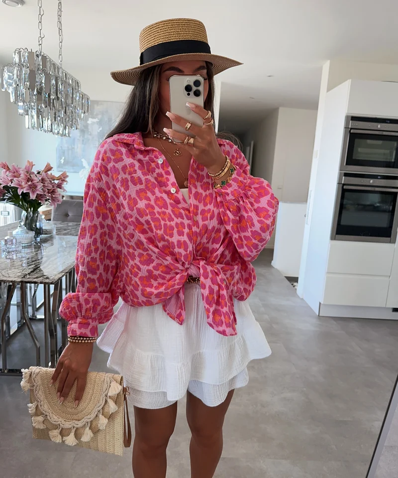 Oversize Musselin Bluse Freya Leo Pink Kurz